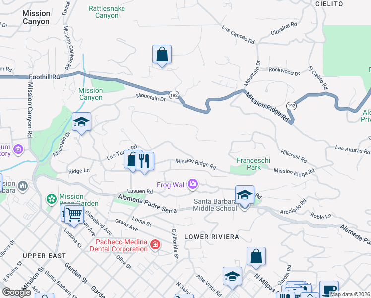 map of restaurants, bars, coffee shops, grocery stores, and more near 1832 East Las Tunas Road in Santa Barbara