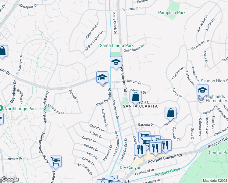 map of restaurants, bars, coffee shops, grocery stores, and more near 27150 Rio Pecos Drive in Santa Clarita