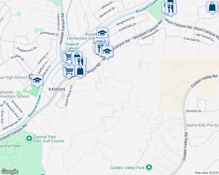 map of restaurants, bars, coffee shops, grocery stores, and more near 21144 Mill Ridge Drive in Santa Clarita