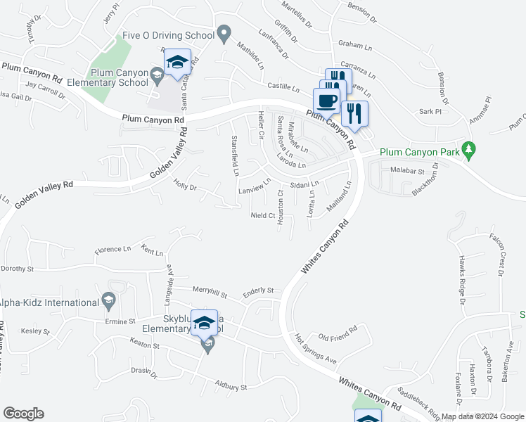 map of restaurants, bars, coffee shops, grocery stores, and more near 28278 Nield Court in Santa Clarita