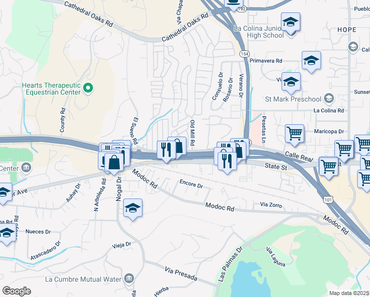 map of restaurants, bars, coffee shops, grocery stores, and more near 4280 Calle Real in Santa Barbara