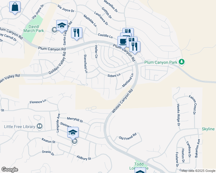 map of restaurants, bars, coffee shops, grocery stores, and more near 28242 Houston Court in Santa Clarita