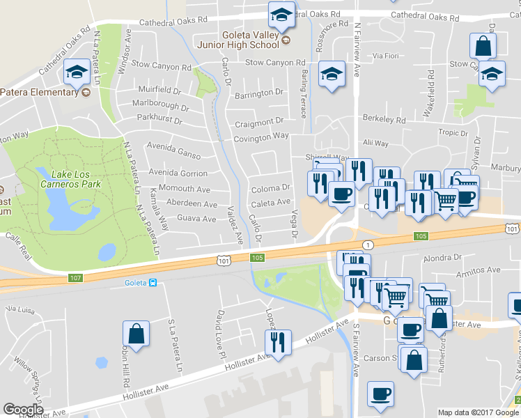 map of restaurants, bars, coffee shops, grocery stores, and more near 6175 Caleta Avenue in Goleta