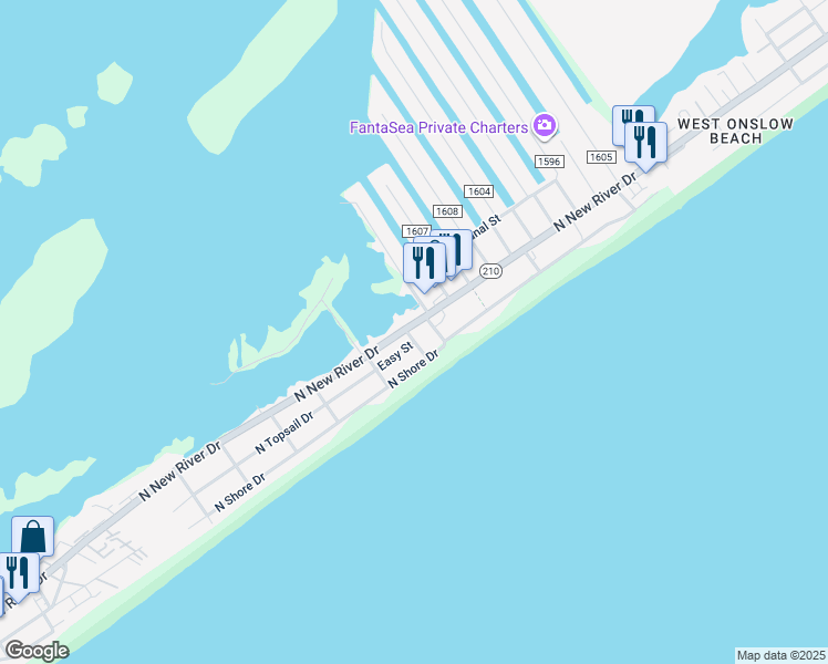map of restaurants, bars, coffee shops, grocery stores, and more near 1602 North New River Drive in Surf City