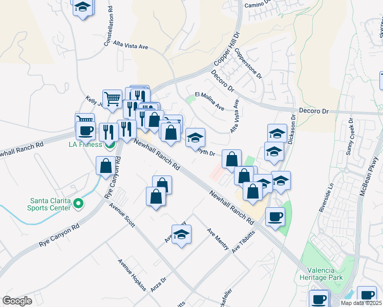 map of restaurants, bars, coffee shops, grocery stores, and more near 27947 Smyth Drive in Santa Clarita