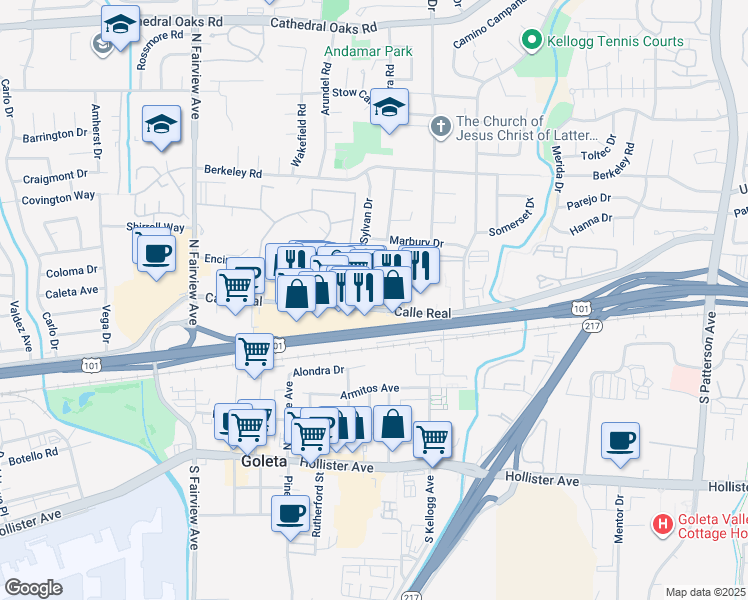 map of restaurants, bars, coffee shops, grocery stores, and more near 5664 Calle Real in Goleta