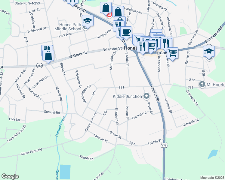 map of restaurants, bars, coffee shops, grocery stores, and more near 303 West Hampton Avenue in Honea Path