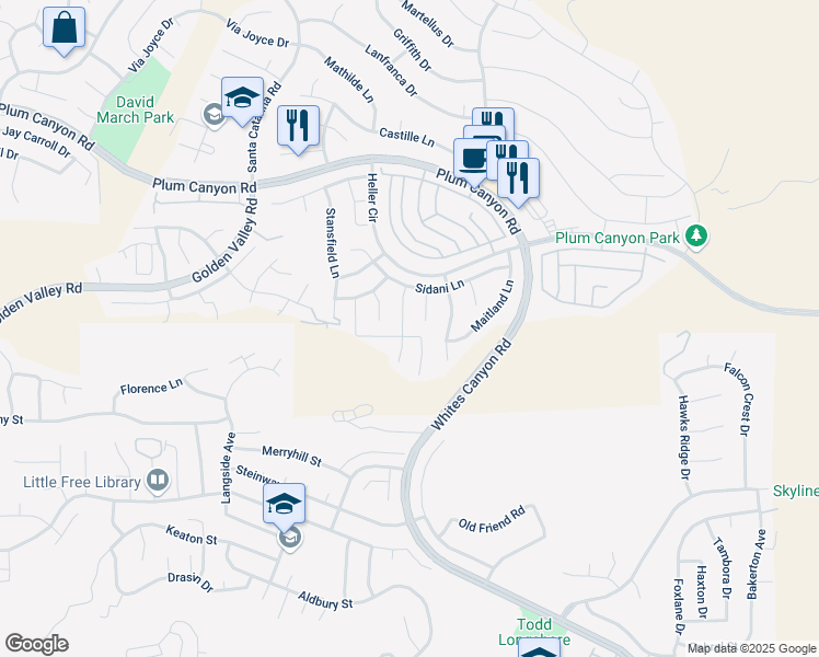 map of restaurants, bars, coffee shops, grocery stores, and more near 28242 Houston Court in Santa Clarita