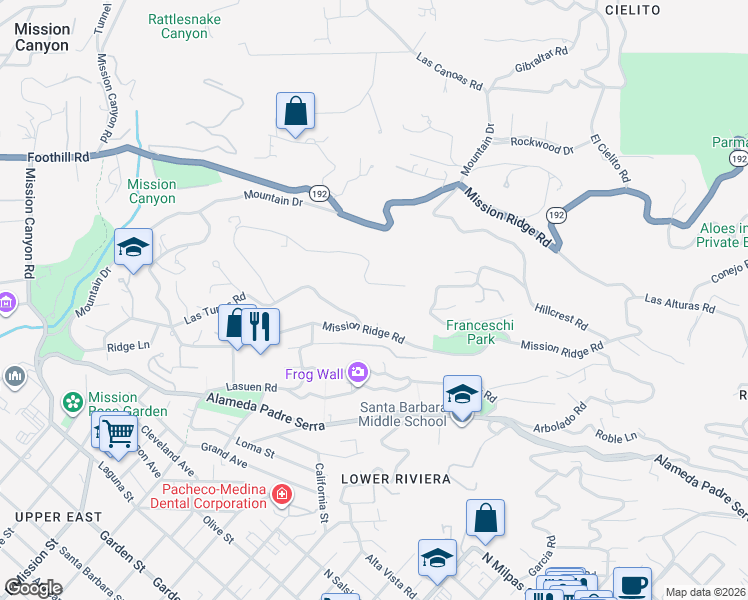 map of restaurants, bars, coffee shops, grocery stores, and more near 1777 Las Tunas Road in Santa Barbara