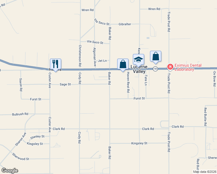 map of restaurants, bars, coffee shops, grocery stores, and more near 10397 Baker Road in Lucerne Valley