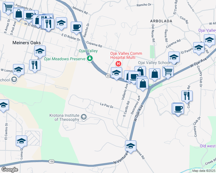 map of restaurants, bars, coffee shops, grocery stores, and more near 1401 Maricopa Highway in Ojai