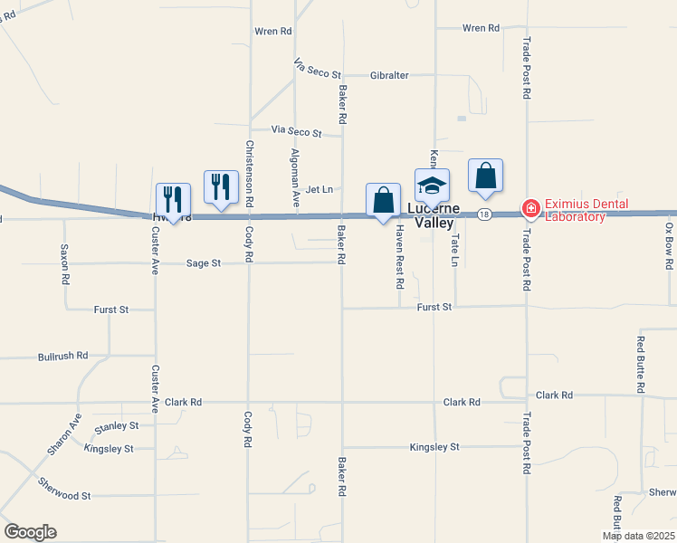 map of restaurants, bars, coffee shops, grocery stores, and more near 10380 Baker Road in Lucerne Valley