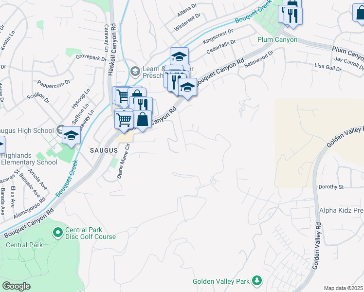 map of restaurants, bars, coffee shops, grocery stores, and more near 27641 Sutters Pointe Drive in Santa Clarita
