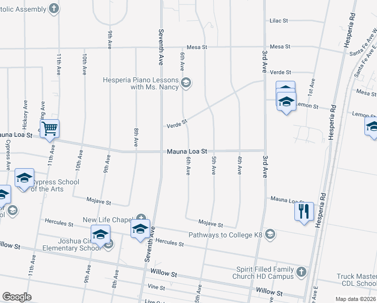 map of restaurants, bars, coffee shops, grocery stores, and more near Mauna Loa Street in Hesperia
