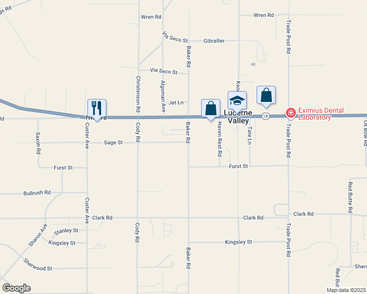 map of restaurants, bars, coffee shops, grocery stores, and more near 10380 Baker Road in Lucerne Valley