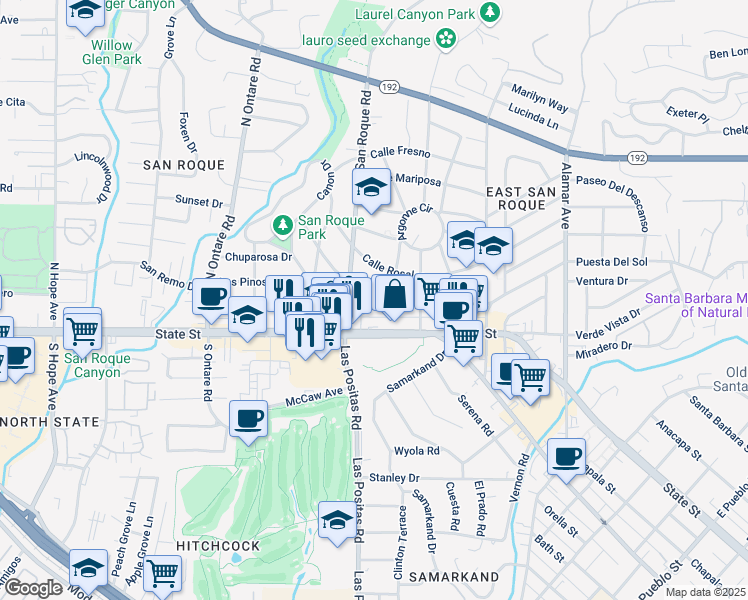 map of restaurants, bars, coffee shops, grocery stores, and more near 37 Calle Alamo in Santa Barbara