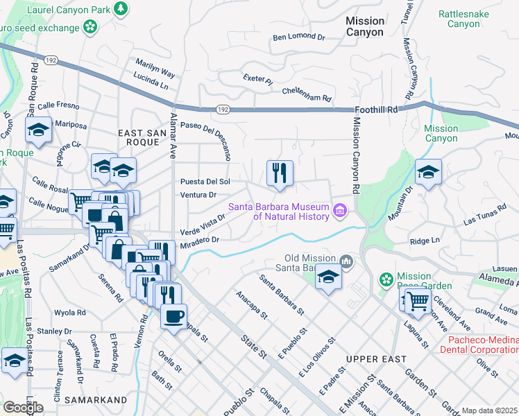 map of restaurants, bars, coffee shops, grocery stores, and more near 100 Miradero Lane in Santa Barbara
