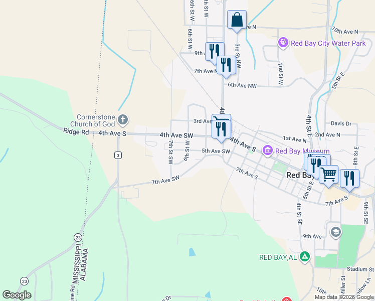 map of restaurants, bars, coffee shops, grocery stores, and more near 609 6th St SW in Red Bay