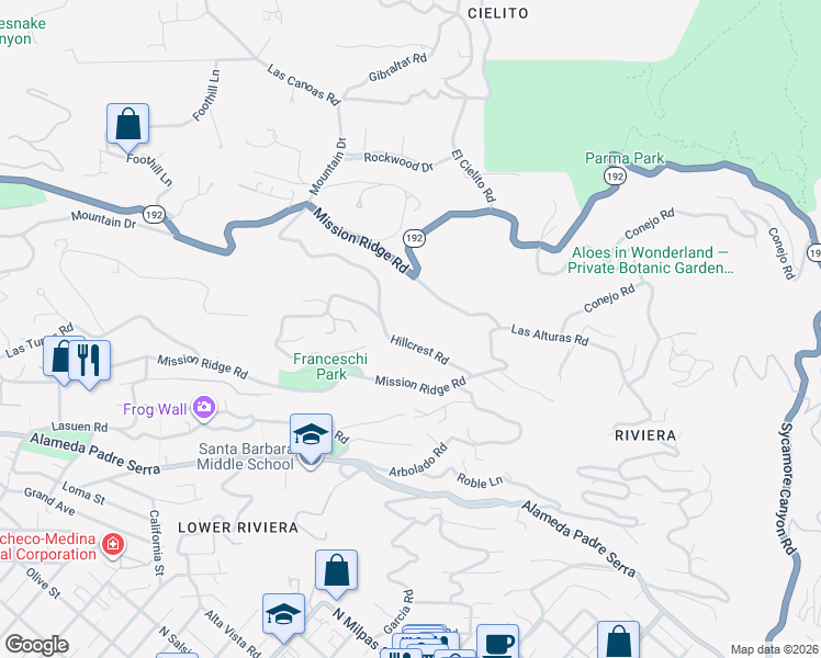 map of restaurants, bars, coffee shops, grocery stores, and more near 920 Mission Ridge Road in Santa Barbara