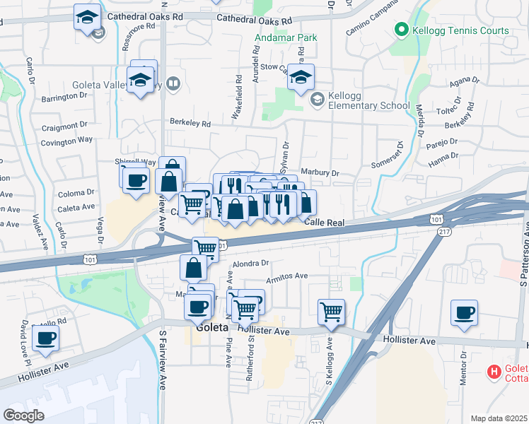 map of restaurants, bars, coffee shops, grocery stores, and more near 5730 Calle Real in Goleta