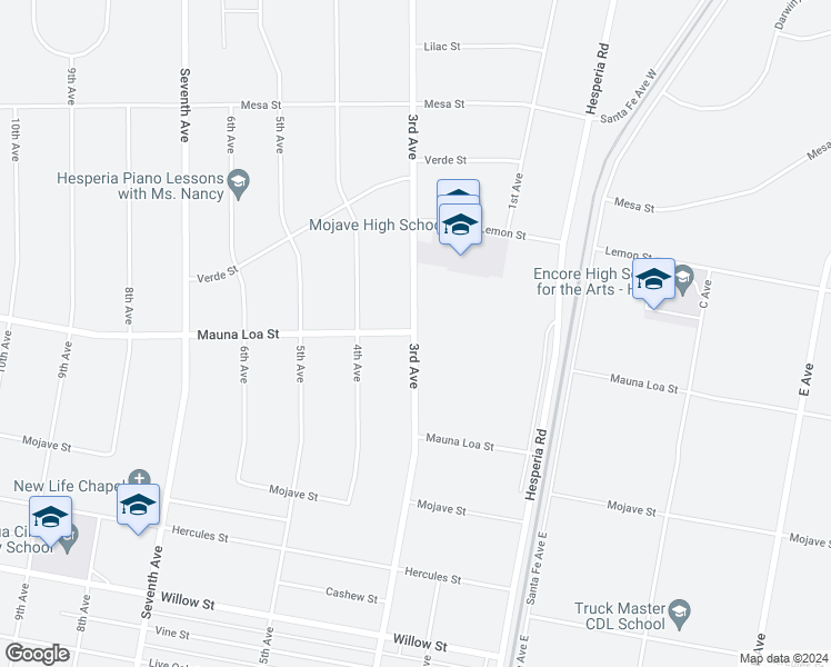 map of restaurants, bars, coffee shops, grocery stores, and more near 10347 3rd Avenue in Hesperia