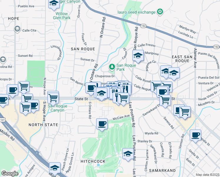 map of restaurants, bars, coffee shops, grocery stores, and more near 3418 Madrona Drive in Santa Barbara