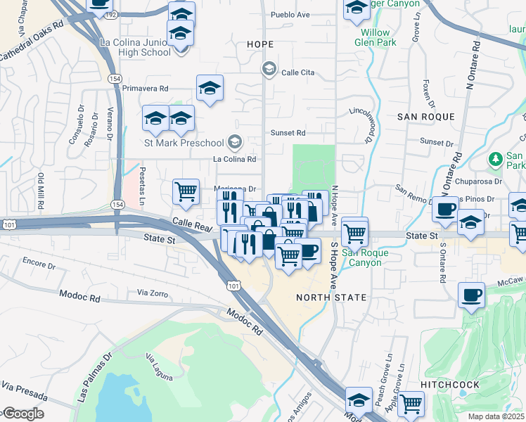 map of restaurants, bars, coffee shops, grocery stores, and more near 100 North La Cumbre Road in Santa Barbara