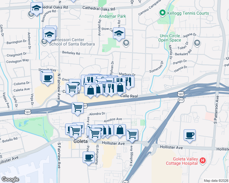 map of restaurants, bars, coffee shops, grocery stores, and more near in Goleta