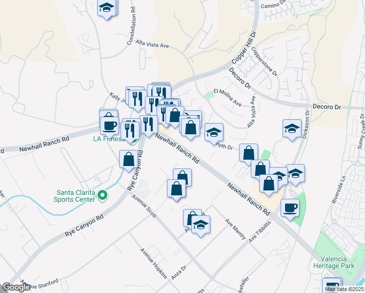 map of restaurants, bars, coffee shops, grocery stores, and more near 28110 Newhall Ranch Road in Santa Clarita