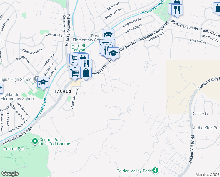 map of restaurants, bars, coffee shops, grocery stores, and more near 27641 Sutters Pointe Drive in Santa Clarita
