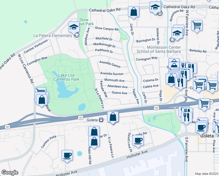 map of restaurants, bars, coffee shops, grocery stores, and more near 6273 Aberdeen Avenue in Goleta
