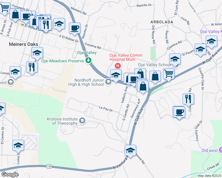 map of restaurants, bars, coffee shops, grocery stores, and more near 1401 Maricopa Highway in Ojai