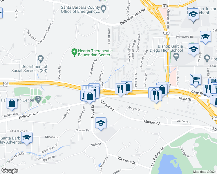 map of restaurants, bars, coffee shops, grocery stores, and more near 4390 Calle Real in Santa Barbara