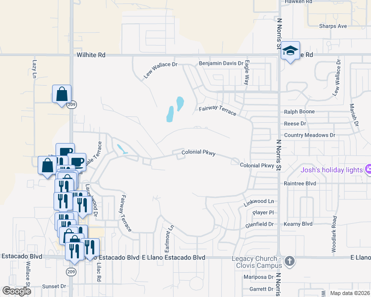 map of restaurants, bars, coffee shops, grocery stores, and more near 1500 Colonial Parkway in Clovis
