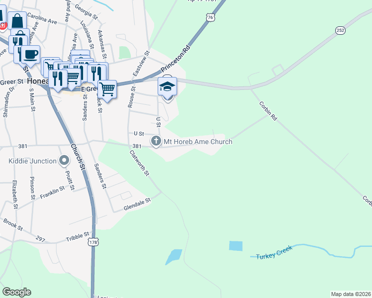map of restaurants, bars, coffee shops, grocery stores, and more near 314 East Hampton Avenue in Honea Path