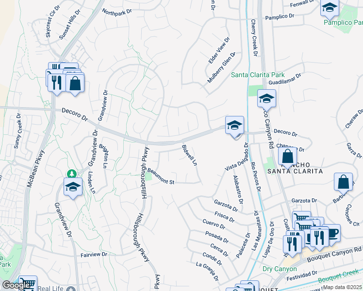 map of restaurants, bars, coffee shops, grocery stores, and more near 23301 Preston Way in Santa Clarita