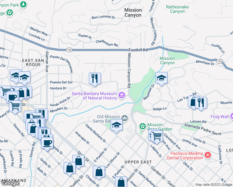 map of restaurants, bars, coffee shops, grocery stores, and more near 2571 Puesta Del Sol in Santa Barbara
