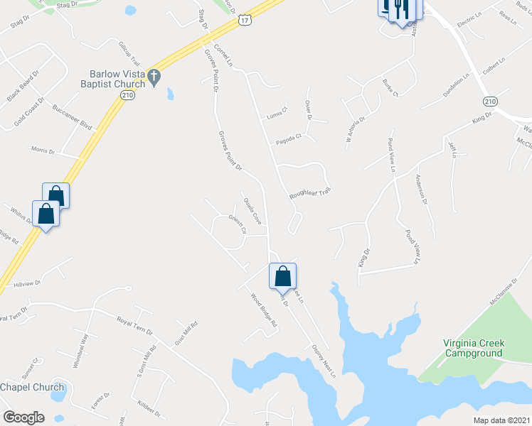 map of restaurants, bars, coffee shops, grocery stores, and more near 513 Groves Point Drive in Hampstead