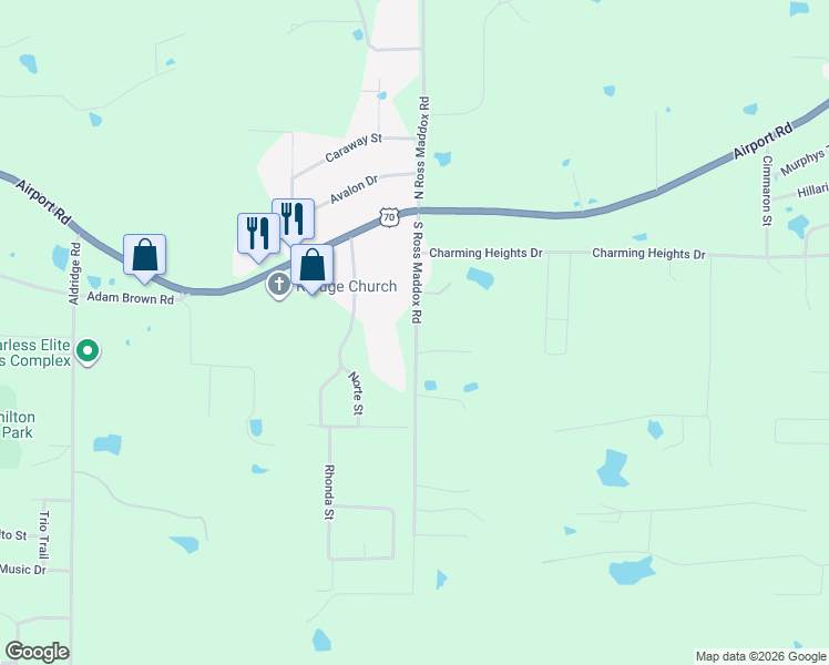 map of restaurants, bars, coffee shops, grocery stores, and more near 214 South Ross Maddox Road in Pearcy