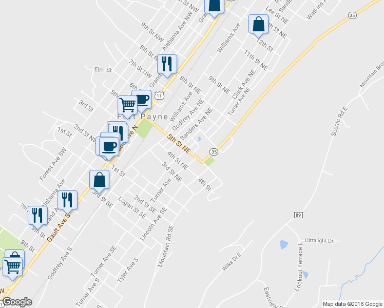 map of restaurants, bars, coffee shops, grocery stores, and more near 5th Street Northeast in Fort Payne