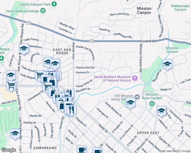 map of restaurants, bars, coffee shops, grocery stores, and more near 2804 Verde Vista Drive in Santa Barbara