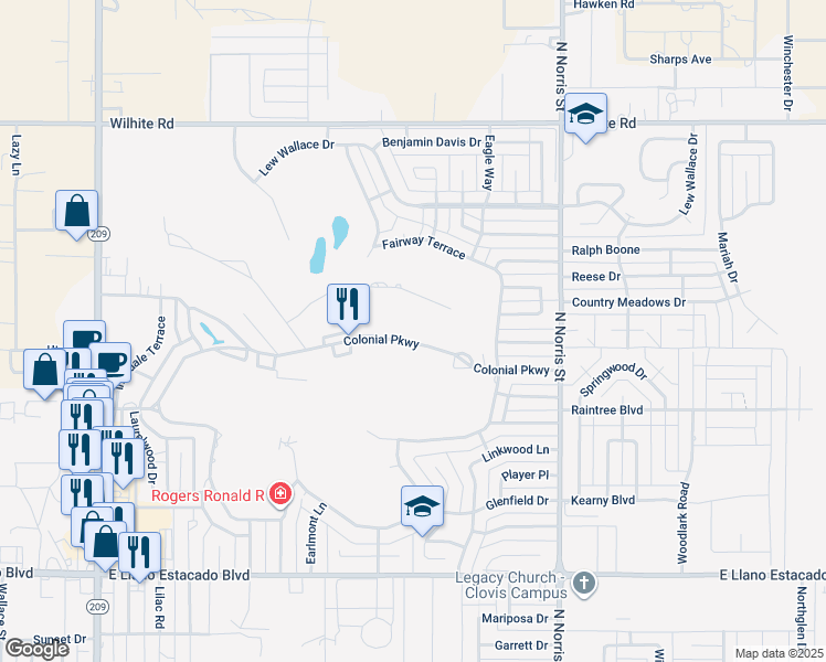 map of restaurants, bars, coffee shops, grocery stores, and more near 1700 Colonial Parkway in Clovis