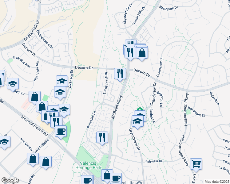 map of restaurants, bars, coffee shops, grocery stores, and more near 27586 Olive Mill Court in Santa Clarita