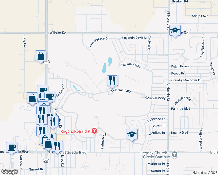 map of restaurants, bars, coffee shops, grocery stores, and more near 1436 Colonial Parkway in Clovis