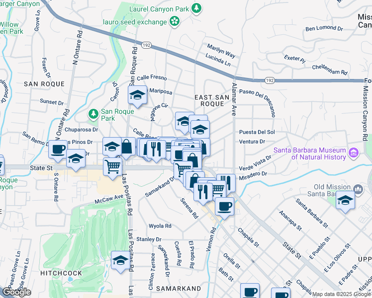 map of restaurants, bars, coffee shops, grocery stores, and more near 3018 Calle Noguera in Santa Barbara