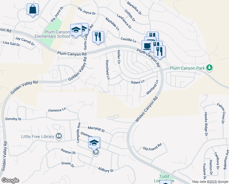 map of restaurants, bars, coffee shops, grocery stores, and more near 28217 Nield Court in Santa Clarita