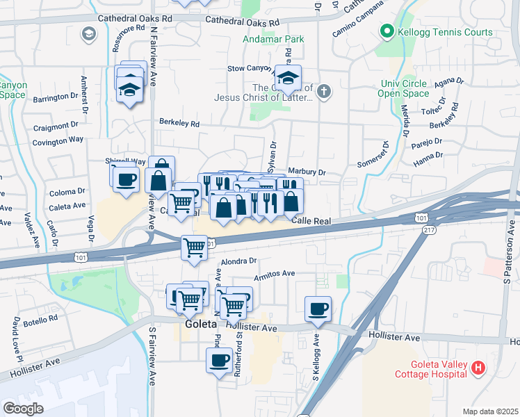 map of restaurants, bars, coffee shops, grocery stores, and more near 7398 Calle Real in Goleta