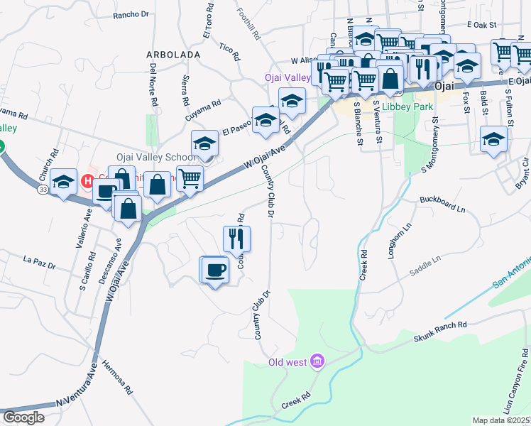 map of restaurants, bars, coffee shops, grocery stores, and more near 605 Country Club Drive in Ojai