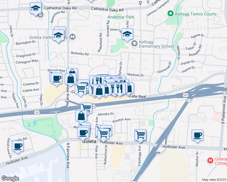 map of restaurants, bars, coffee shops, grocery stores, and more near 5730 Calle Real in Goleta
