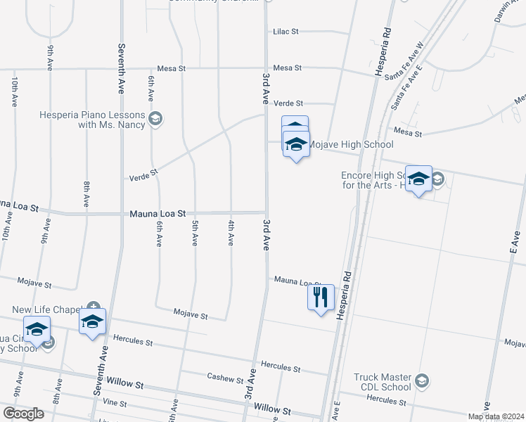map of restaurants, bars, coffee shops, grocery stores, and more near 10516 3rd Avenue in Hesperia